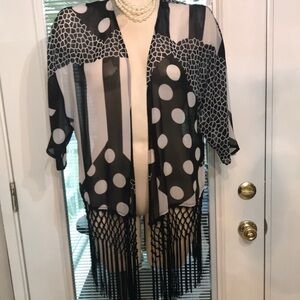 Multiples Black and White Sheer Kimono with Fringe